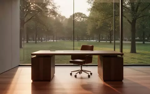 Ein minimalistischer, leerer Büroarbeitsplatz mit einem Schreibtisch und Blick in einen ruhigen Park bei Sonnenuntergang. - Foto: über boerse-global.de