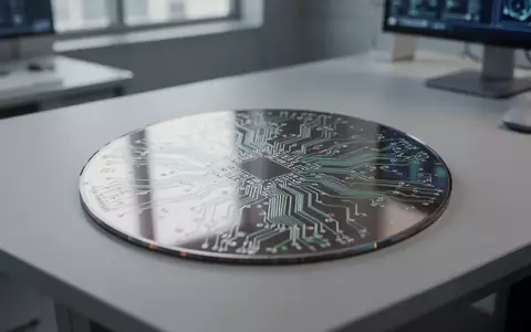 Ein Silizium-Wafer mit komplexen Schaltkreisen auf einem modernen Schreibtisch in einer High-Tech-Umgebung. - Foto: über boerse-global.de