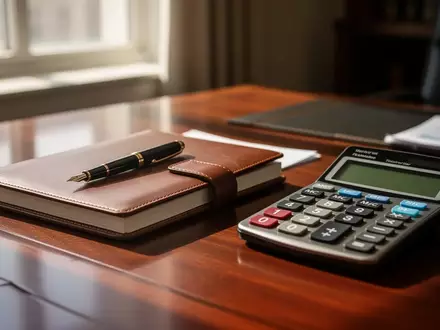Ein professioneller Schreibtisch mit Notizbuch und Taschenrechner in einem sonnendurchfluteten Büro. - Foto: über boerse-global.de