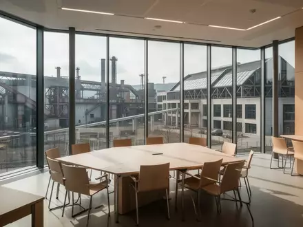 Ein leerer, modern gestalteter Konferenzraum mit bodentiefen Fenstern und Blick auf eine Industriekulisse in Belval. - Foto: über boerse-global.de
