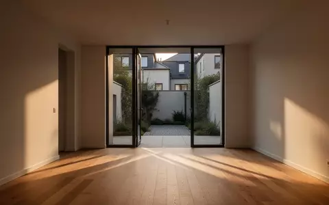 Ein leerer, sonnendurchfluteter Wohnraum in einer modernen Wohnung mit Blick in einen ruhigen Innenhof. - Foto: über boerse-global.de