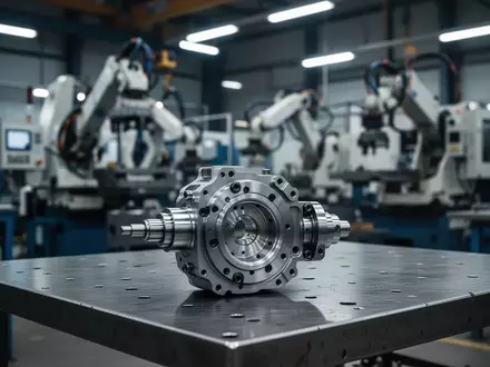 Industrielle Fertigungshalle mit einem präzisen mechanischen Bauteil auf einer Werkbank im Fokus. - Foto: über boerse-global.de