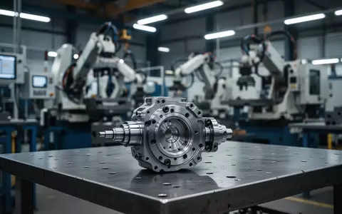 Industrielle Fertigungshalle mit einem präzisen mechanischen Bauteil auf einer Werkbank im Fokus. - Foto: über boerse-global.de