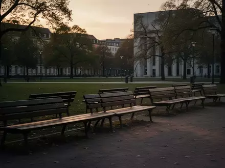 Leere Parkbänke in einem ruhigen Stadtpark während der Dämmerung, die die Stimmung der gesellschaftlichen Distanz und Reflexion einfangen. - Foto: über boerse-global.de