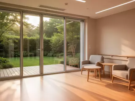 Ein heller, modern eingerichteter Aufenthaltsraum mit Blick in einen grünen Garten und auf eine Holzterrasse. - Foto: über boerse-global.de