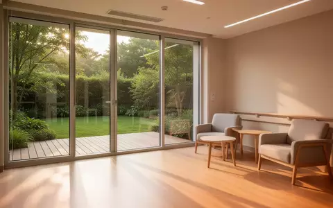 Ein heller, modern eingerichteter Aufenthaltsraum mit Blick in einen grünen Garten und auf eine Holzterrasse. - Foto: über boerse-global.de