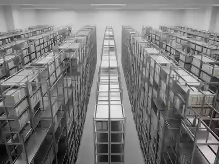 Ein minimalistisches, aufgeräumtes Archivlager mit langen Reihen geordneter Regalsysteme in einer modernen Architektur. - Foto: über boerse-global.de