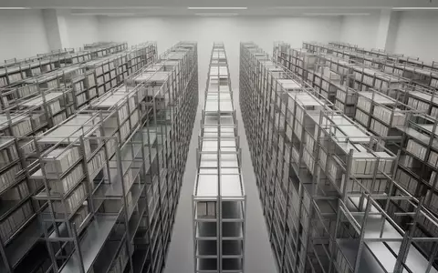 Ein minimalistisches, aufgeräumtes Archivlager mit langen Reihen geordneter Regalsysteme in einer modernen Architektur. - Foto: über boerse-global.de