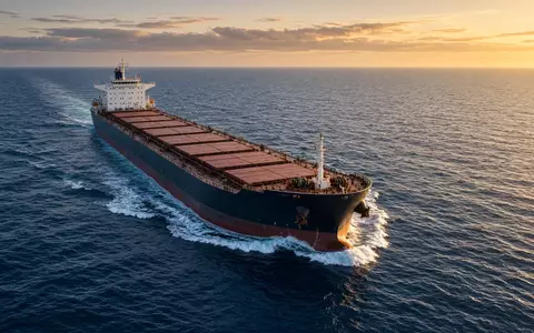 Ein großes Frachtschiff auf offener See bei Sonnenuntergang. - Foto: über boerse-global.de
