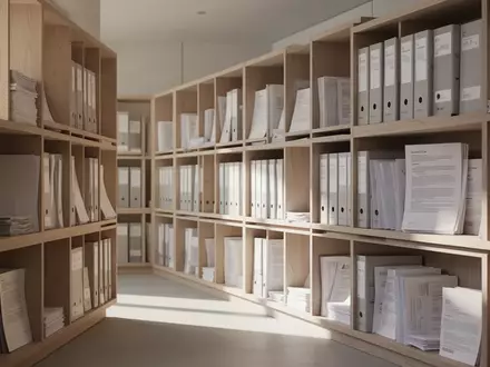Ein minimalistisch gestaltetes, lichtdurchflutetes Archiv mit ordentlich sortierten Unterlagen in einem modernen Bürogebäude. - Foto: über boerse-global.de