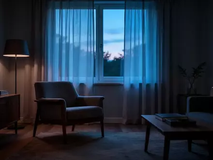 Ein unbeleuchtetes, ruhiges Wohnzimmer bei Dämmerung mit einem leeren Sessel vor einem Fenster. - Foto: über boerse-global.de