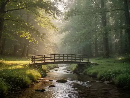 Eine friedliche Waldlichtung mit einer kleinen Holzbrücke über einen sanft fließenden Bach bei natürlichem Sonnenlicht. - Foto: über boerse-global.de