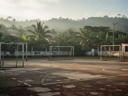 Ein leerer Sportplatz in einer kolumbianischen Gemeinde mit abgenutztem Bodenbelag und Toren vor einer hügeligen Landschaft. - Foto: über boerse-global.de