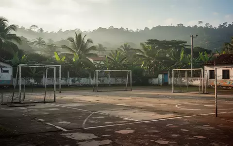Ein leerer Sportplatz in einer kolumbianischen Gemeinde mit abgenutztem Bodenbelag und Toren vor einer hügeligen Landschaft. - Foto: über boerse-global.de
