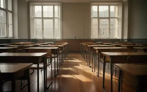 Ein leerer, sonnendurchfluteter Hörsaal mit hölzernen Schreibtischreihen in einer ruhigen Universitätsumgebung. - Foto: über boerse-global.de