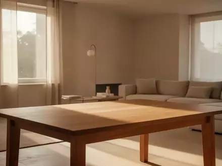 Ein minimalistisch eingerichtetes, helles Wohnzimmer mit einem leeren Holztisch in einem ruhigen, aufgeräumten Zuhause. - Foto: über boerse-global.de