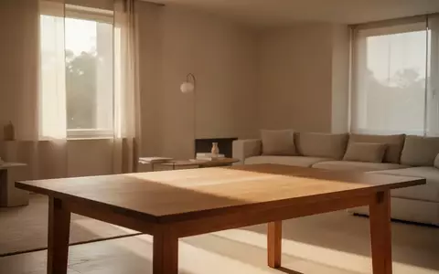 Ein minimalistisch eingerichtetes, helles Wohnzimmer mit einem leeren Holztisch in einem ruhigen, aufgeräumten Zuhause. - Foto: über boerse-global.de