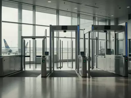 Leere, modern gestaltete Sicherheitskontrollzone an einem Flughafen mit klaren Linien und natürlichem Licht. - Foto: über boerse-global.de
