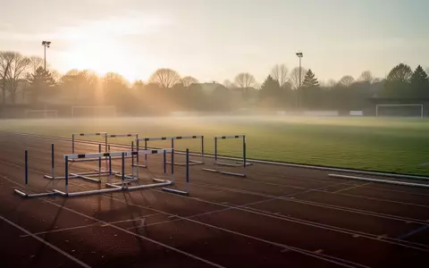 Ein leeres Sportfeld bei Sonnenaufgang mit einer Laufbahn und einem Rasenplatz in einer ruhigen Morgenstimmung. - Foto: über boerse-global.de