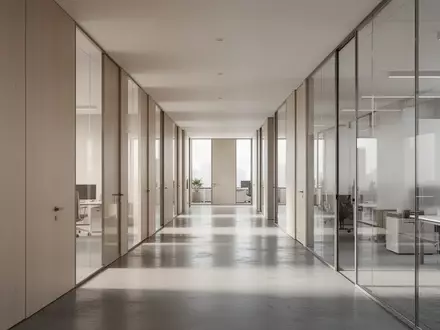 Ein minimalistischer, moderner Büroflur mit klaren architektonischen Linien und natürlichem Lichteinfall. - Foto: über boerse-global.de