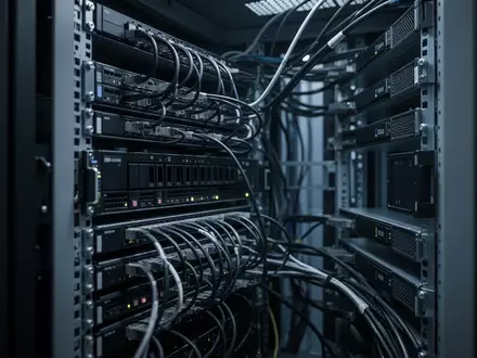 Ein technischer Serverraum mit geordneten Kabeln und Hardware-Modulen in einer minimalistischen, industriellen Umgebung. - Foto: über boerse-global.de