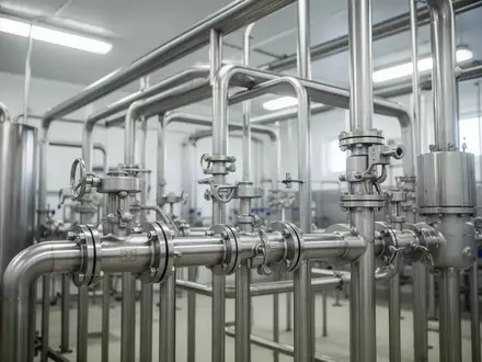 Moderne industrielle Anlage zur Lebensmittelverarbeitung mit Edelstahlrohren und Ventilen in einer hellen Produktionshalle. - Foto: über boerse-global.de