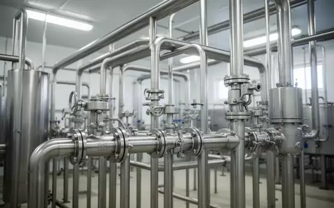 Moderne industrielle Anlage zur Lebensmittelverarbeitung mit Edelstahlrohren und Ventilen in einer hellen Produktionshalle. - Foto: über boerse-global.de