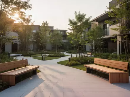 Ein gepflegter, moderner Park in einer Wohngegend in Japan bei Sonnenuntergang mit Holzbänken und Wegen. - Foto: über boerse-global.de