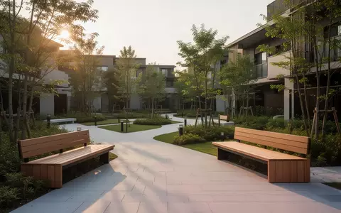Ein gepflegter, moderner Park in einer Wohngegend in Japan bei Sonnenuntergang mit Holzbänken und Wegen. - Foto: über boerse-global.de
