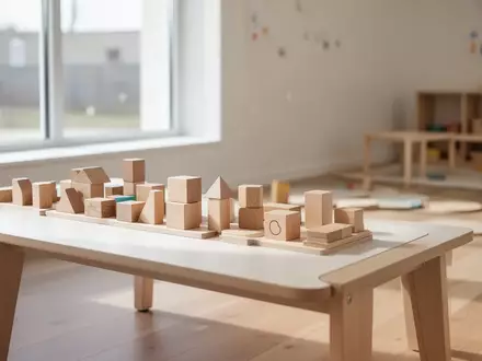 Ein heller, minimalistischer Kindergartenraum mit Holzbausteinen auf einem Tisch in einer ruhigen, unbesetzten Umgebung. - Foto: über boerse-global.de