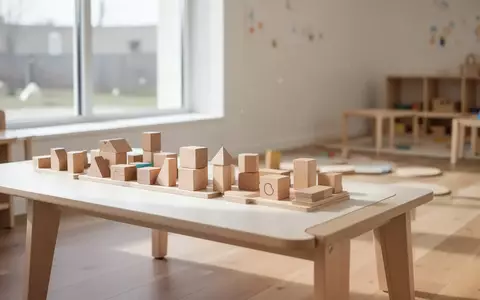 Ein heller, minimalistischer Kindergartenraum mit Holzbausteinen auf einem Tisch in einer ruhigen, unbesetzten Umgebung. - Foto: über boerse-global.de