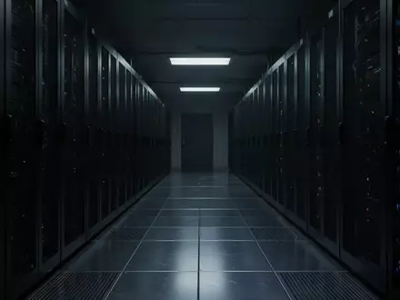 Ein dunkler, minimalistischer Flur in einem Serverraum mit metallischen Oberflächen und tiefen Schatten. - Foto: über boerse-global.de