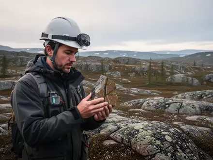 Ein Geologe untersucht eine Gesteinsprobe in einer abgelegenen, felsigen Landschaft bei bewölktem Himmel. - Foto: über boerse-global.de