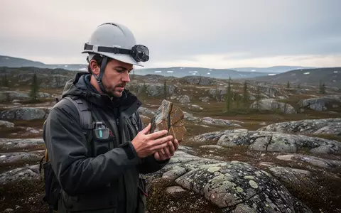 Ein Geologe untersucht eine Gesteinsprobe in einer abgelegenen, felsigen Landschaft bei bewölktem Himmel. - Foto: über boerse-global.de
