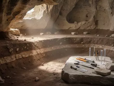 Eine archäologische Ausgrabungsstätte in einer Kalksteinhöhle mit geschichteten Sedimenten und natürlichem Lichteinfall. - Foto: über boerse-global.de