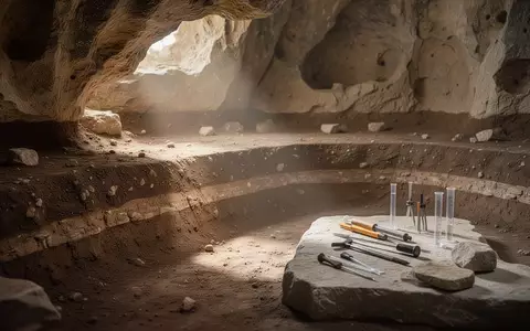 Eine archäologische Ausgrabungsstätte in einer Kalksteinhöhle mit geschichteten Sedimenten und natürlichem Lichteinfall. - Foto: über boerse-global.de