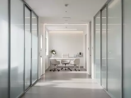 Ein minimalistischer, heller Krankenhausflur mit mattem Glas und neutraler Architektur, der Ruhe und Transparenz symbolisiert. - Foto: über boerse-global.de