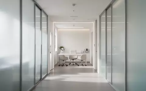 Ein minimalistischer, heller Krankenhausflur mit mattem Glas und neutraler Architektur, der Ruhe und Transparenz symbolisiert. - Foto: über boerse-global.de