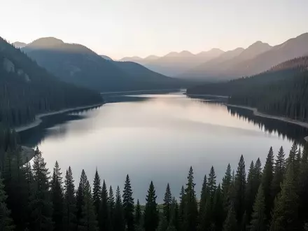 Eine ruhige Berglandschaft mit einem See und dichten Nadelwäldern im sanften Morgenlicht als Symbol für Beständigkeit. - Foto: über boerse-global.de