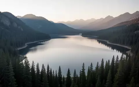 Eine ruhige Berglandschaft mit einem See und dichten Nadelwäldern im sanften Morgenlicht als Symbol für Beständigkeit. - Foto: über boerse-global.de