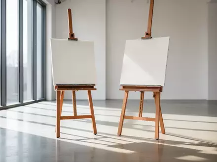 Zwei leere Künstlerstaffeleien in einem hellen, lichtdurchfluteten Atelier mit Holzboden und minimalistischer Einrichtung. - Foto: über boerse-global.de