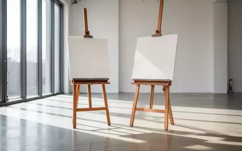 Zwei leere Künstlerstaffeleien in einem hellen, lichtdurchfluteten Atelier mit Holzboden und minimalistischer Einrichtung. - Foto: über boerse-global.de