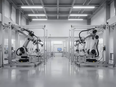 Ein minimalistisches, modernes Industrieforschungslabor mit mechanischen Roboterarmen in einer hellen, sauberen Halle. - Foto: über boerse-global.de