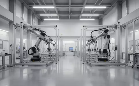 Ein minimalistisches, modernes Industrieforschungslabor mit mechanischen Roboterarmen in einer hellen, sauberen Halle. - Foto: über boerse-global.de