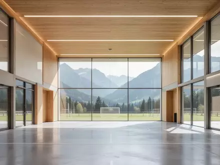 Helle, moderne Architektur einer multifunktionalen Sportanlage mit Blick auf eine alpine Landschaft. - Foto: über boerse-global.de