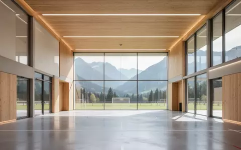 Helle, moderne Architektur einer multifunktionalen Sportanlage mit Blick auf eine alpine Landschaft. - Foto: über boerse-global.de