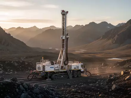 Ein geologisches Bohrgerät bei der Arbeit in einer abgelegenen Berglandschaft während der goldenen Stunde. - Foto: über boerse-global.de