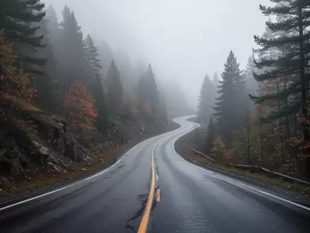 Eine menschenleere, gewundene Bergstraße in einem nebligen Waldgebiet bei bewölktem Wetter. - Foto: über boerse-global.de