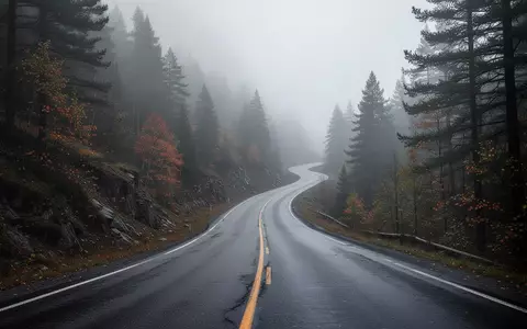 Eine menschenleere, gewundene Bergstraße in einem nebligen Waldgebiet bei bewölktem Wetter. - Foto: über boerse-global.de