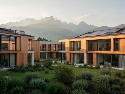 Moderne, nachhaltige Wohn- und Gewerbeüberbauung mit Holzfassade und Grünanlagen in der Schweiz. - Foto: über boerse-global.de